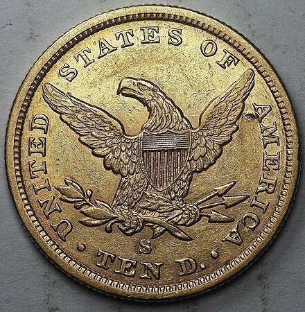 An 1856 Liberty Head Eagle ($10); the "S" mintmark indicates it was struck in San Francisco Mint.