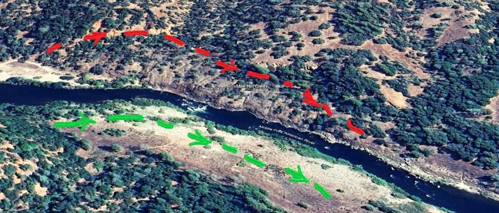 The red and green lines represent the river flow